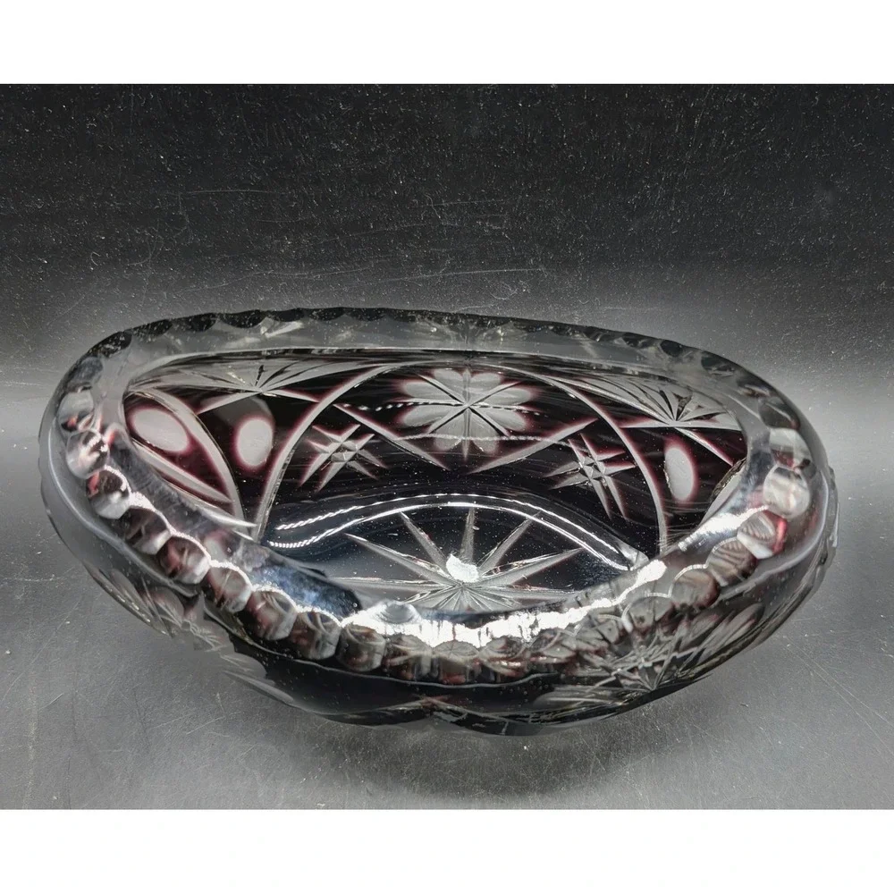 Amethyst Purple Cut to Clear Crystal Oval Bowl Scalloped Starburst Floral 7